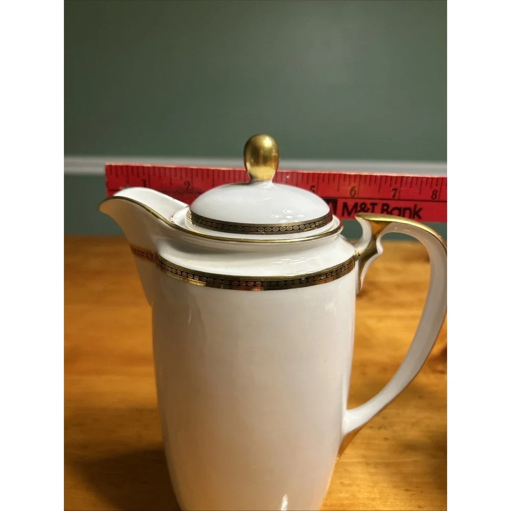 Vintage White Porcelain Coffee Pot Gold Black Greek‎ Key Trim Gilded Tea Server